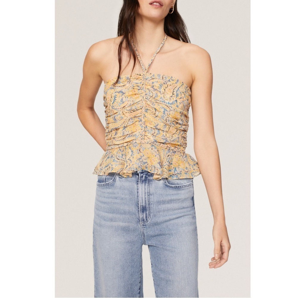 NWT Veronica Beard Arienne Silk Gathered Halterneck Top Yellow